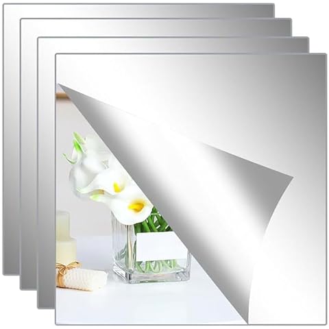 Acrylic Mirror Tiles,20x20cm (1mm Thick) Flexible Mirror Sheet,Self Adhesive Self Cuttable Mirror Wall, Bathroom, Bedroom Stickers Non Glass Square Mirrors for Home Wall DIY Decor (4) Cover