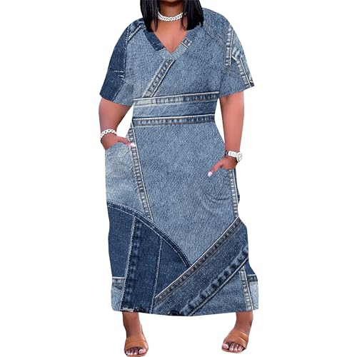 Image of SUZONANA Plus Size Denim Print Shirt Maxi Dresses for Curvy Women Casual Blue Jean Summer Outfits Long Short Sleeve Dress with Pockets Patchwork 2XL