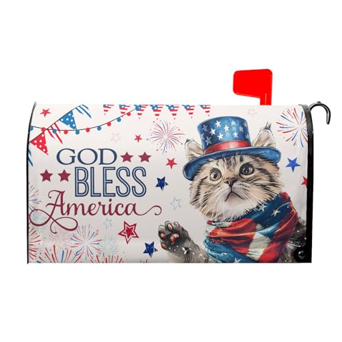 Image of 4th of July Cat Mailbox Cover Magnetic Large Size God Bess America Flag Stars Patriotic Firework Mailbox Wrap Letter Post Cover 25.5x21 Inch for Garden Yard Outside Outdoor Decor