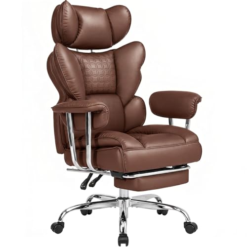 Image of DUMOS Big and Tall Office Chair 400 LBS, Scratch-Resistant PU Leather Executive Office Desk Chair with Footrest, Ergonomic Reclining Computer Chairs with Pocket Spring Support, Brown