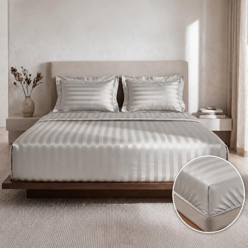 Image of LANE LINEN 100% Cotton Super King Elastic Fitted Bedsheet with 2 Pillow Cases | Damask Stripe 3pc Bedding Set- 1.83M x 1.98M + 30cm Deep Pocket | Breathable Fabric | Oeko-TEX Certified - Silver