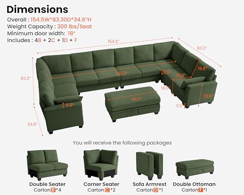 Image of CHIC HOUSE Modular Sectional Couch| Corduroy L Shaped Sleeper Sofa, U-Shape Sofa Bed Convertible Chaise with Storage Ottoman for Living Room Modern Furniture (Green, 12 Seater U-Shaped)