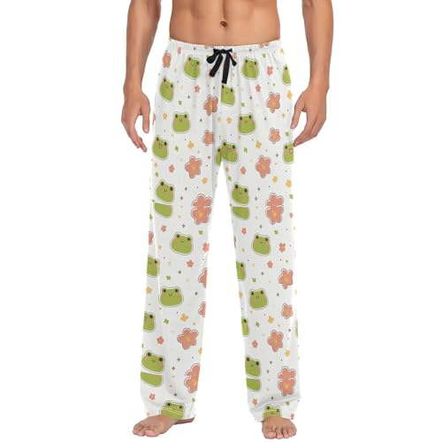 Men’s Kawaii Frog Pattern Pajama Pants with Pockets, Comfortable Lounge Sleep Bottoms#580