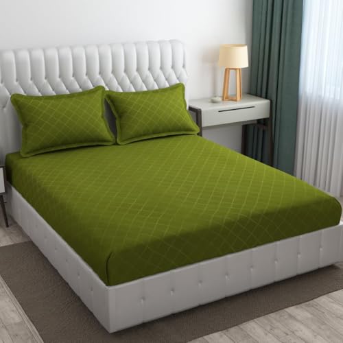 Image of Blue Strip Polycotton Fitted Bedsheet, King 72x78 (Green Check) | 300 TC | All-Round Elastic Grip | Soft, Breathable & Colourfast | Wrinkle Resistant | Machine Washable