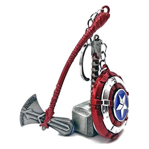 The Worthy Triple Power Thors Hammer Mjolnir, Captain America Shield & Stormbreaker Axe Keyring Keychain Bag Charm Combo Set Three Cover