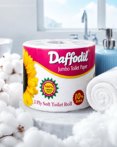 Image of DAFFODIL 2 Ply Toilet Tissue Roll - 1 Roll (1200 Sheets) | Ultra Soft, Strong & Absorbent Bathroom Tissue Paper | Long Lasting Toilet Roll for Home, Office & Commercial Use