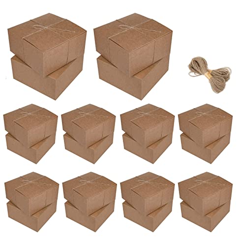 Yarlung 20 Pack Brown Paper Gift Boxes with Lids, 8.3x8.3x4 Inches Recycled Paperboard Cube Boxes with 40 Meters Hemp Rope for Crafting, Cupcakes, Party Favor, Housewarming Gift, Easy Assemble