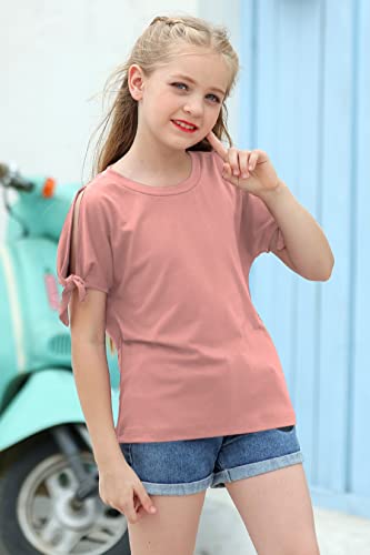 Image of GORLYA Girls Slit Sleeve Tie Knot Cuff Knit Tunic Top 4-14Y | Seamless knit, cold shoulder slit sleeves with tie-knot cuffs, solid & stripe options, ideal for school and casual outings.