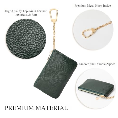 Image of Full Grain Leather Coin Purse with Key Chain - Small Change Purse Keychain Card Holder Keychain Pouch Small Keychain Wallet for Women and Men (Forest Green)