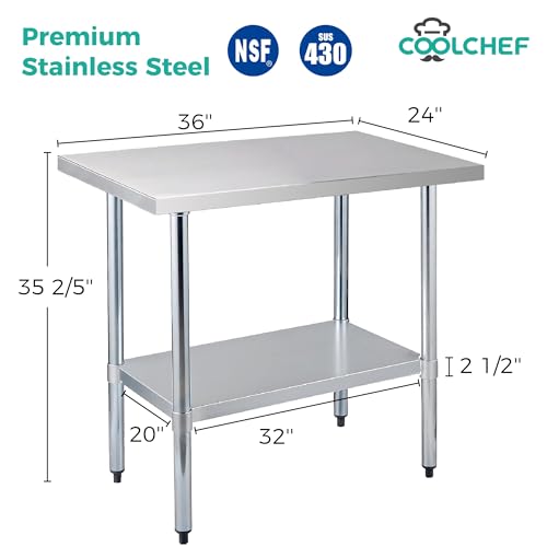 Image of COOLCHEF Stainless Steel Work Table 24 x 36 Inch, NSF Commercial Prep Table with Undershelf, Heavy Duty Food Prep Workstation