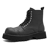 NSNEOND Men's Black Leather Platform High Top Combat Boots Fashion Lace Up Comfort Round Toe Side Zipper Non-Slip Lug Sole Chunky Heel Motorcycle Boots Work Daily Casual Ankle Booties (Black,8.5)