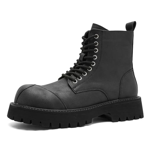 NSNEOND Men's Black Leather Platform High Top Combat Boots Fashion Lace Up Comfort Round Toe Side Zipper Non-Slip Lug Sole Chunky Heel Motorcycle Boots Work Daily Casual Ankle Booties (Black,8.5)
