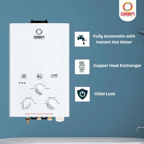 Image of Omen Changing Lives Elegant 6L LPG Gas Geyser | Instant Water Heater | Auto Ignition | Copper Heat Exchanger | Flame & Water Control | Summer-Winter Mode | Wall Mounted | 2-Year Warranty