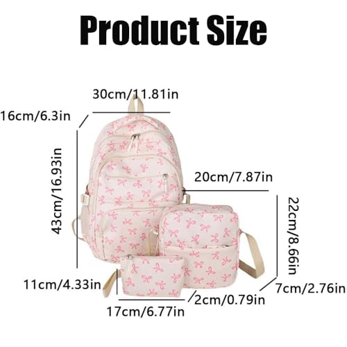 Bow Backpack 3Pcs Set, Cute Kawaii Coquette Pink Bag, Large Nylon Preppy Bookbag with Bows (brown)2