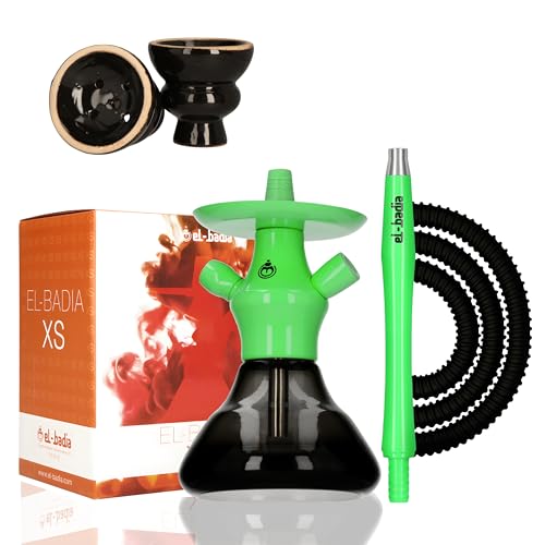 Chicha EL-BADIA® XS 21cm – Chicha Compacte et Portable de Voyage – Set Complet Nomade avec Vase en Verre, Corps en Aluminium, Tuyau, Foyer et Pince –...