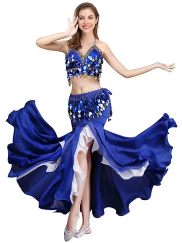 ELLYDOOR Bauchtanz Kostüm Set für Frauen Bauchtanz Crop Top BH und Hüftschal Schlitz Tanzrock Halloween Outfit Königsblau