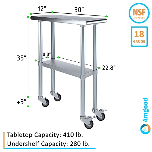 Image of AmGood 12 inch Long x 30 inch Deep Stainless Steel Table with Casters