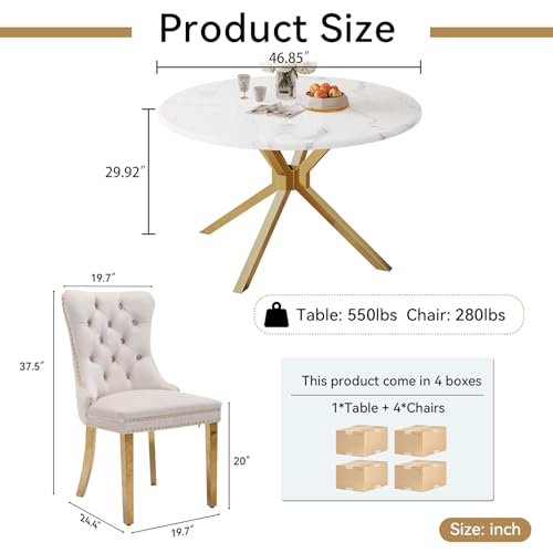 Image of 5-Piece Round Dining Table Set for 4, Luxury Faux Marble Kitchen Table Set for 4 with Beige Velvet Chairs, 45 inch Circle Dining Room Tables with White Marble Top and Gold Stainless Steel Cross Legs