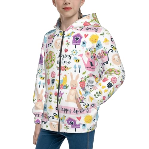Spring Hand Drawn Flowers Birds Kids Pullover Hoodies Boys Zip Up Sweatshirts Girls Athletic Clothes with Pocket