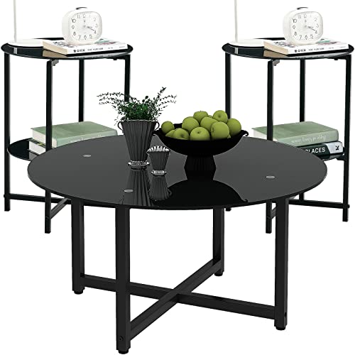 ODUSE-DAILY Black Glass Round Coffee Table Set: 3-Piece Living Room Set with Metal Frame and...