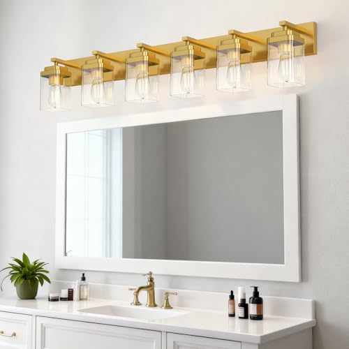 Image of Brushed Gold Bathroom Light Fixtures, 6 Lights Bathroom Lighting Fixtures Over Mirror, Square Design & Rectangle Large Backplate, Modern Vanity Lighting Fixtures, for Living Room /Bedroom