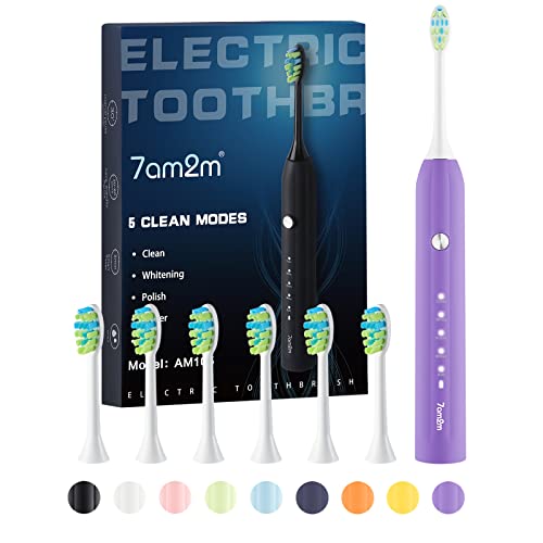 7AM2M Sonic Electric Toothbrush for Adults and Kids, with 6 Brush Heads, 5 Modes with 2 Minutes Build in Smart Timer, Roman Column Handle Design (Purple)