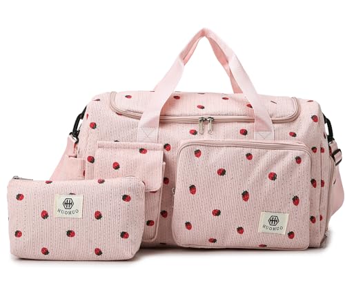 Suweir Sporttasche Kinder Reisetasche Mädchen Damen mit Schuhfach und Nassfach Cord Schwimmtasche Weekender Travel Bag Erdbeere Handgepäck Tasche Geldbörse für Reisen, Fitness, Sport Schwarz Rosa
