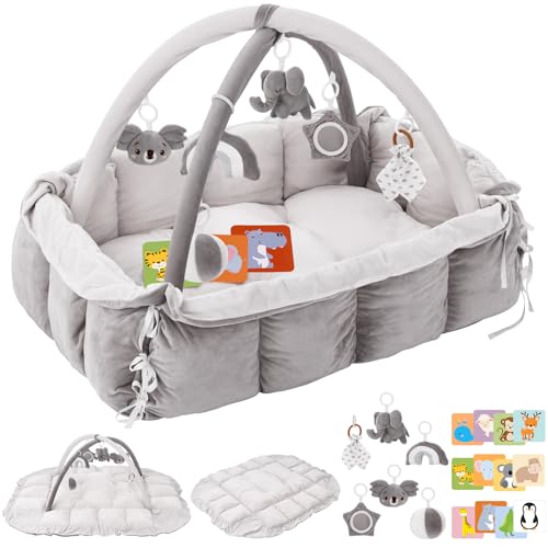 Image of 5-in-1 Plush Baby Play Gym, Baby Play Mats, Convertible Baby Gym, Tummy time mat, 6 Sensory Toys, Activity Center, Ball Pit, Grey
