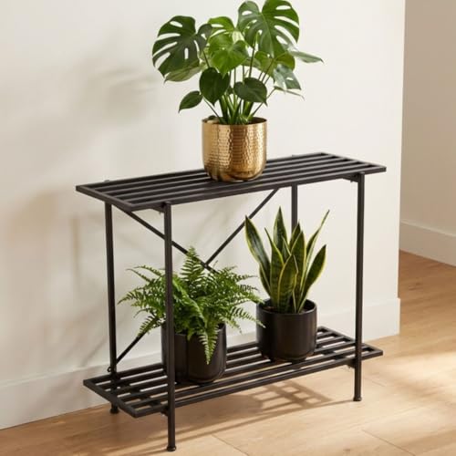 Image of ecofynd Eric Plant Stands for Outdoor Balcony, Flower Pot Stand for Indoor Plants, Large Metal Planter Stand for Living Room, home decor, Indoor & Outdoor plants, 2 Tier, (26 Inch, PS050-BLK)