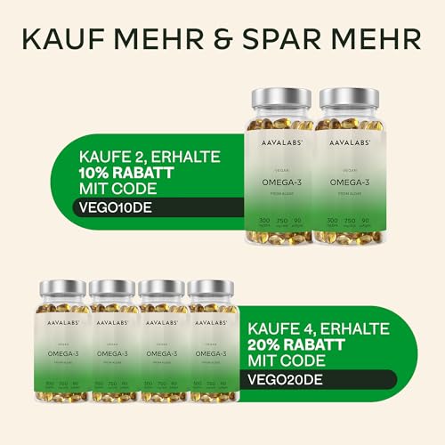 Foto von Omega 3 Vegan Hochdosiert 1500mg | Omega3 750mg DHA 300mg EPA pro Tag - 90 Omega 3 Algenöl Kapseln Hochdosiert Vegan