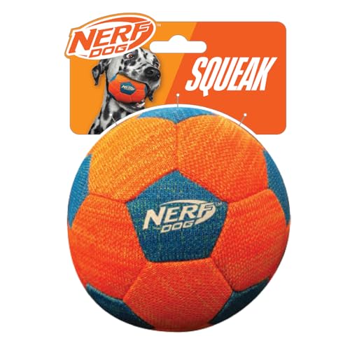 Nerf Dog X-Weave Soccer Ball with Squeaker 5-Inch Durable Fetch Toy for Dogs Orange/Blue