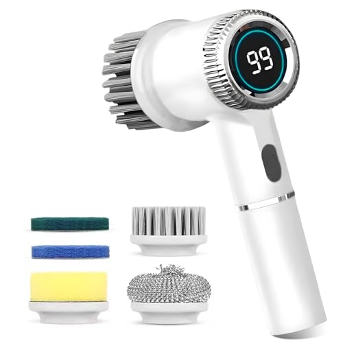 Electric Cleaning Brush with 3 Speeds, Cordless Spin Scrubber with LED Display, 5 Replaceable Brush Heads, Waterproof Power Scrubber for Bathroom, Kitchen, Floor, Tile, Bathtub, Car, Stove, Window