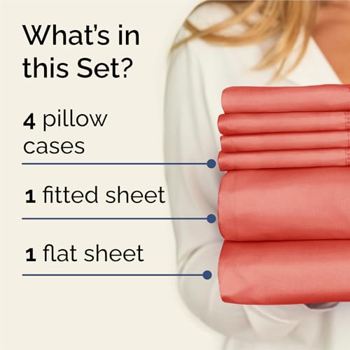 Image of King 6 Piece Bed Sheet Set - Comfy, Breathable & Cooling Sheets - Coral | Ultra Soft Hotel Luxury Bedding Set w / 8-16 Inch Deep Pockets - 1 Flat & 1 Fitted Sheet & 4 Pillowcases - Wrinkle & Fade Free
