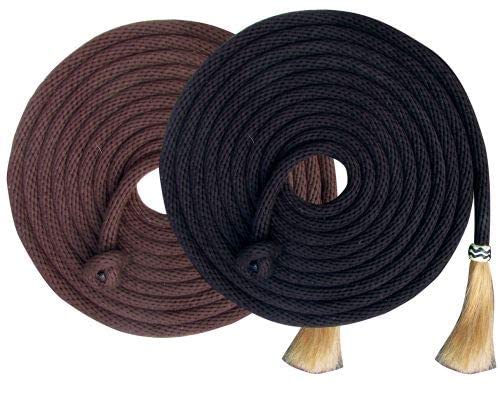 Showman 23' Nylon Mecate Reins w/Rawhide Accents & Natural Horse Hair Tassels (Black)