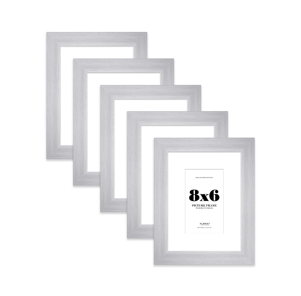 8x6" Silver Frame With Mount for 5x3" Pictures 28mm Edge Portrait and Landscape Display with Wall Hooks and Kickstand, 5 Pack