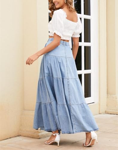 yoeasy Women's Button Down Denim Maxi Skirt High Waist Boho Flowy Swing Pleated Tiered Ruffle A Line Long Jean Skirts3