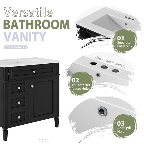 Image of Merax 30 Inch Bathroom Vanity with Sink Set, Modern Bathroom Vanity Storage Cabinet with Matching Mirror Medicine Cabinet, Solid Wood Frame,Painted Finish, 2 Drawers and 1 Tip-Out Drawer, Black