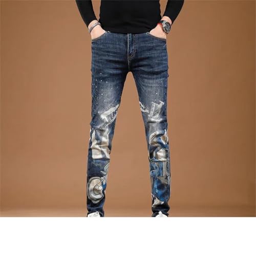 Men's Printed Personalized Jeans for Street Slim Fit Elastic Feet High End Trendy Denim Pants2
