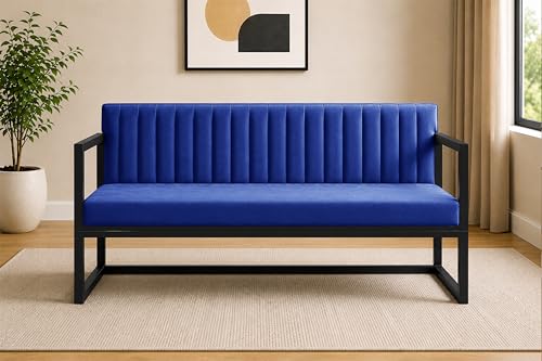 Image of Metal Sofa Cum Bed for Living Room | Modern Industrial Design Metal Frame 3 Seater Sofa Bed for Home, Office & Lounge-Blue