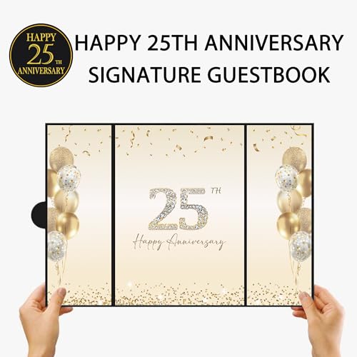 Image of DARUNAXY Black Gold 25th Anniversary Party Decorations, Happy 25th Anniversary Alternative Signature Guest Book for Parents Cheers to 25 Years Gifts 25 Anniversary Signing Card Board Party Supplies