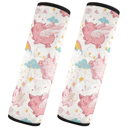 Seat Belt Covers 2 Pack Pink Piglets Wings Car Seat Strap Covers Super Soft Clouds Rainbows Car Seat Neck Cover for Boys Girls Adults Babies M