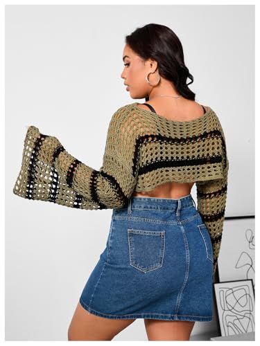 Image of Floerns Women's Plus Size Boat Neck Long Sleeve Hollow Out Crochet Cropped Sweater