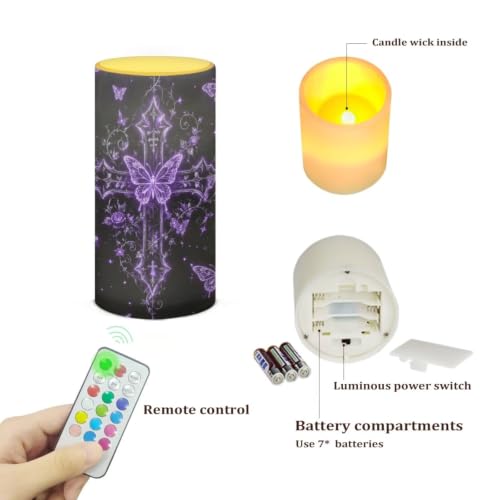 Image of Poceacles Flameless Candle Battery Powered with Remote Control 12 Colors 4 /8 Hours Timer LED Night Lights Pillar Candle Tealights Home Indoor Decor, Cross Butterfly Floral Violet