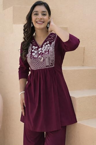 Image of Women's Rayon Kurti Set with Palazzo Pants | Embroidered V-Neck A-Line Short Kurti with 3 /4 Sleeves | Casual Ethnic Co-Ord Set for Daily Wear, Office & Festive