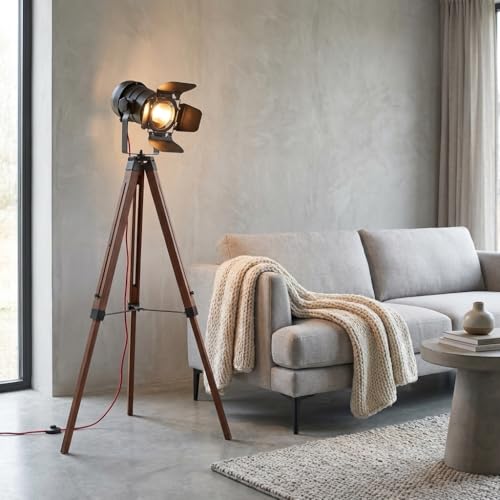 BARCELONA LED Lampe sur pied trépied noire et bois réglable, hauteur ajustable, lumière orientable, style moderne et vintage industriel, idéale pour salon,...