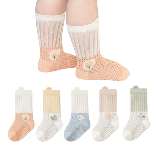5 Pairs Toddler Baby Girl Boy Infant Socks, Summer Cute Soft Cotton Thin Mesh Crew Socks, 0~5T