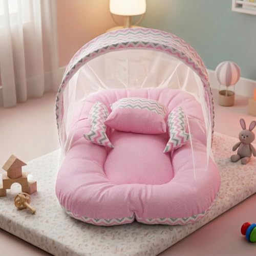 Image of BAYBEE Baby Bedding Set for New Born Baby, Bed Mattress with Mosquito Net & Neck Pillow, Sleeping Nest Travel, Infant Toddler Bed Set Gifts for Baby Boy Girl 0-6 Months (Pink)