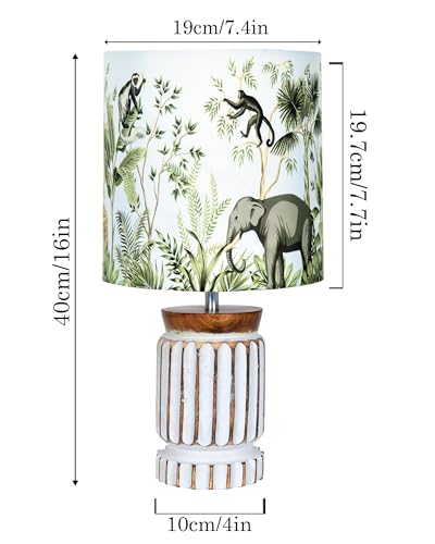 Image of Homesake Retro Farmhouse Table Lamp for Living Room Bedroom Rustic Linen Bedside Nightstand Lamps for Kids Room Study Office Wood, Carved Cylinder, (Jungle)