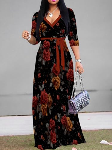 Image of PinkPatty Women's Long Sleeve Maxi Dress Plus Size Trendy Wedding Guest Dress with Pockets&Belt