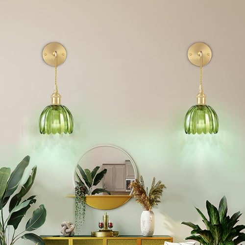 Image of Battery Operated Wall Sconces 3CCT Dimmable Wireless Sconces Set of 2, Vintage Light Fixture with Green Tulip Glass Lampshade Wall Decor Set of 2 for Bedroom Bedside Bathroom Hallway